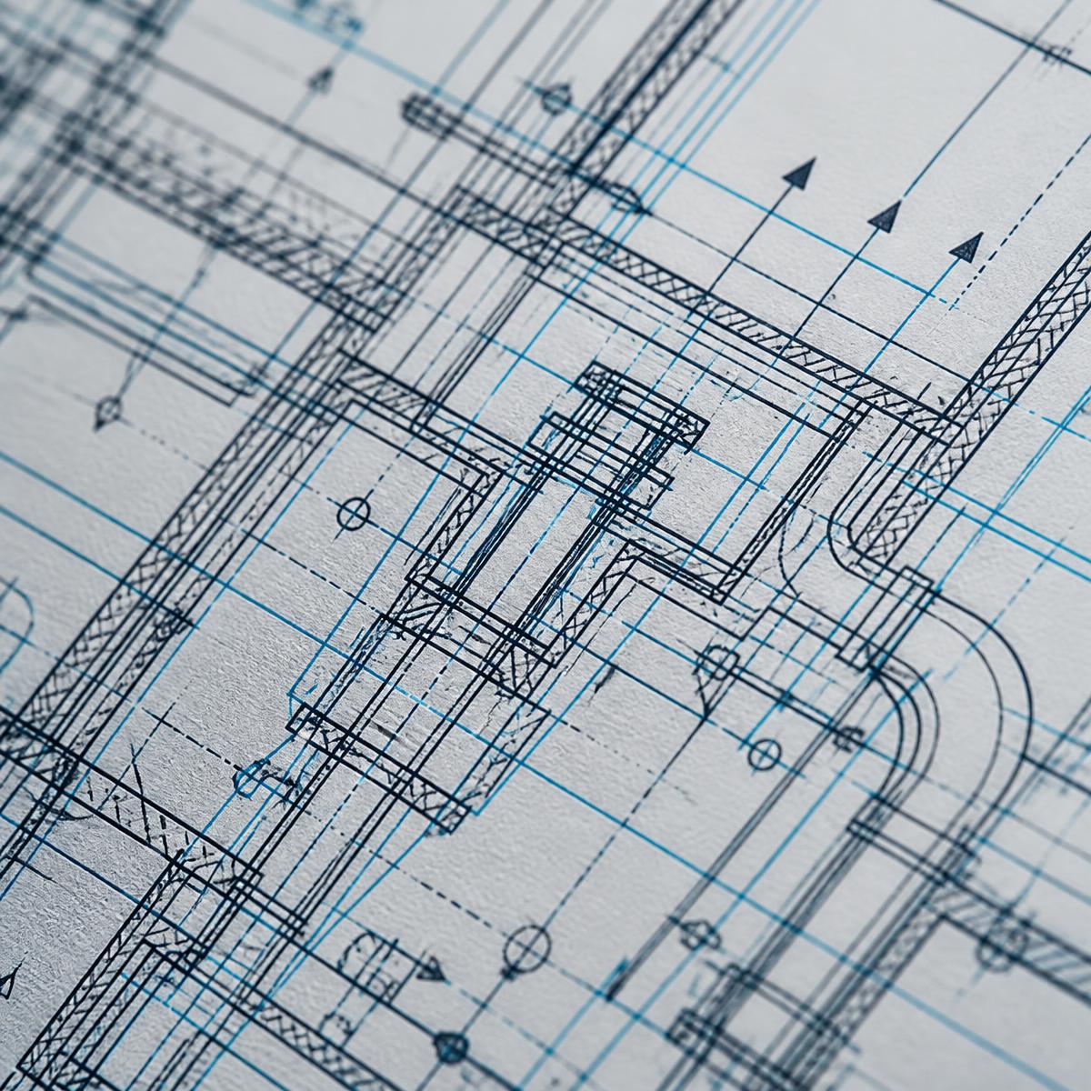 Case Study 003 — macro photograph of a cyan technical blueprint schematic
